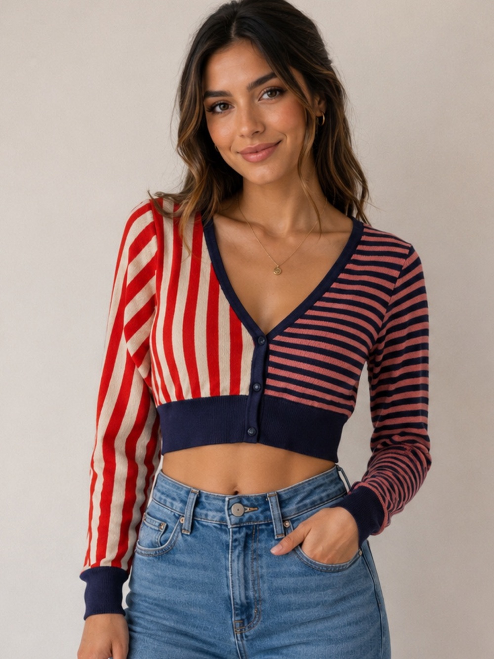 wild fable Red, Navy & Pink Striped Cropped Cardigan